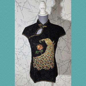 Jin Yue Fu Shi Black & Gold Peacock Embroidered Asian Blouse